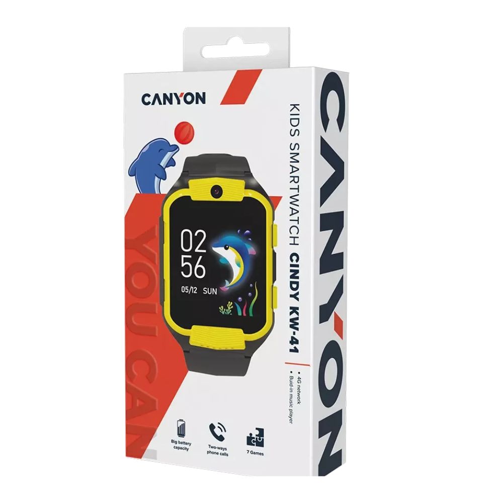 CANYON Cindy KW-41 4G Kids Smart Watch – GPS, Camera, Music, SOS, Video Call – Yellow/Black, retail boxed yellow and black kids smartwatch