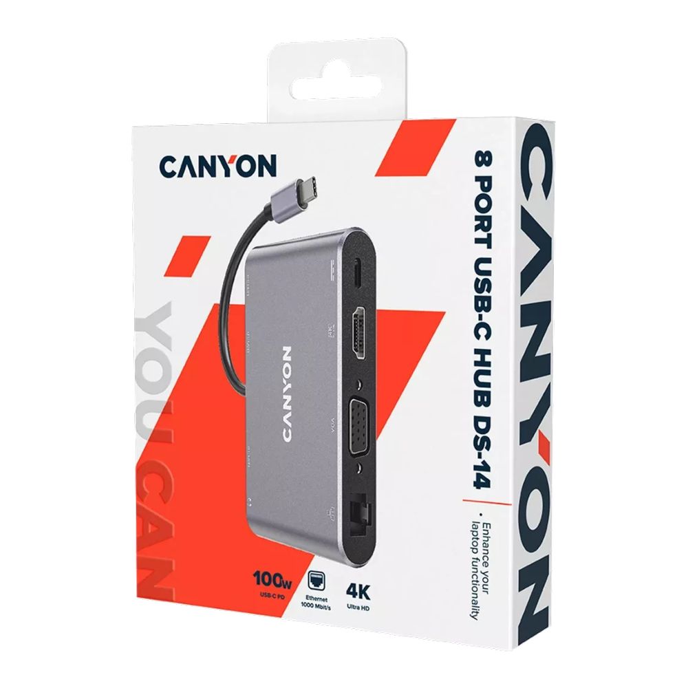 Canyon 8-Port USB-C Hub DS-14 – 4K HDMI, USB 3.0, PD 100W, Ethernet, SD/TF, Audio, Compact Docking Hub