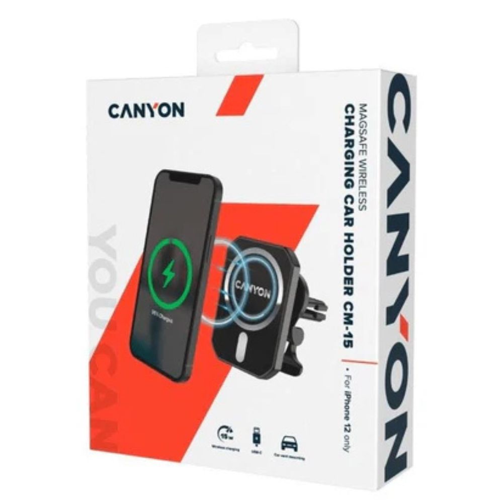 Canyon CM-15 Magnetic Car Holder with Wireless Charging – For iPhone 12/13, 15W, Black (CNE-CCA15B01) packaging