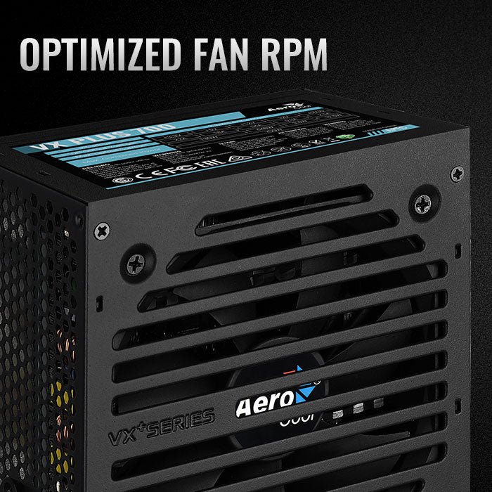 Power supply unit with 'Optimized Fan RPM' text and AeroCool logo on a dark background
