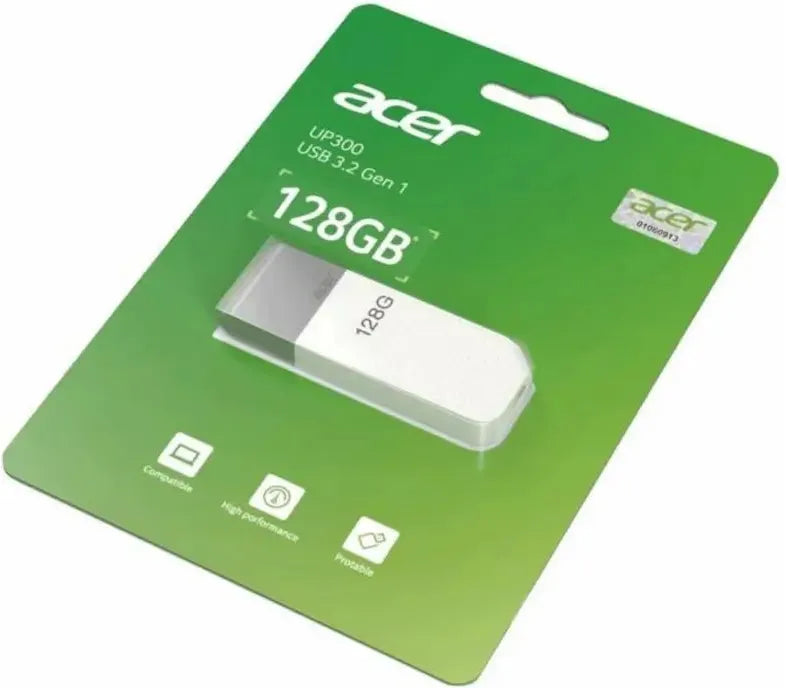 White Acer UP300 128GB USB3.2 flash drive in green packaging with product details.