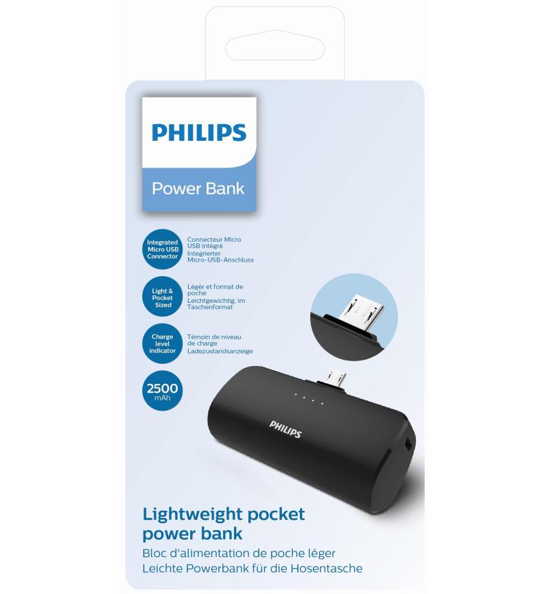Philips Portable Micro-USB Power Bank 2500mAh - DLP2510U/00, lightweight and perfect for on-the-go charging.
