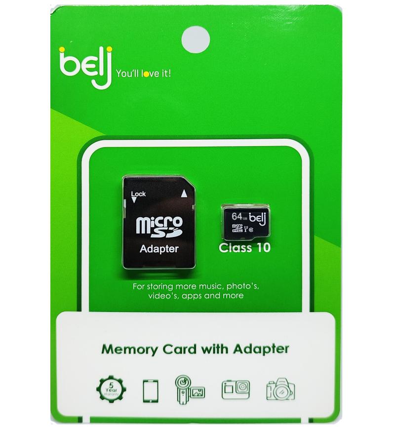 BELJ 64GB Class 10 SD Card with Adapter – High-Speed Storage for Cameras, perfect for 4K devices and universal compatibility.