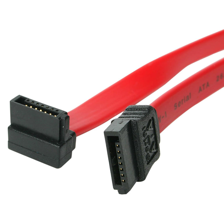 A black SATA data cable with a red L-shaped connector on one end and a standard 2.5mm connector on the other end.