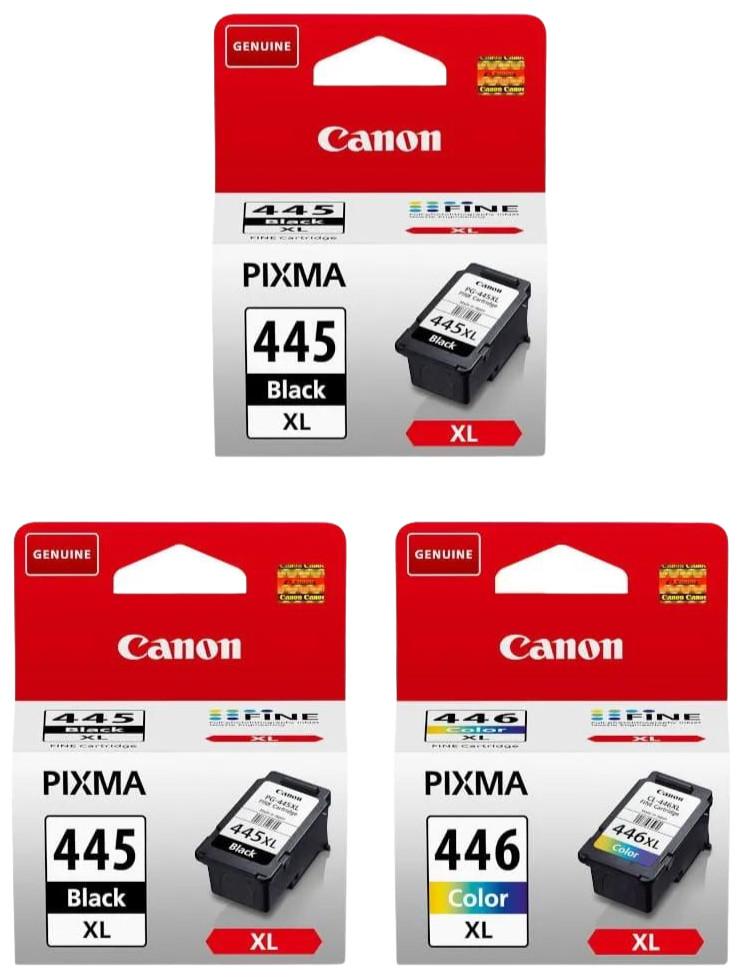 Original Canon 445XL Black (2) cartridges and 446XL color cartridge for high-quality printing.