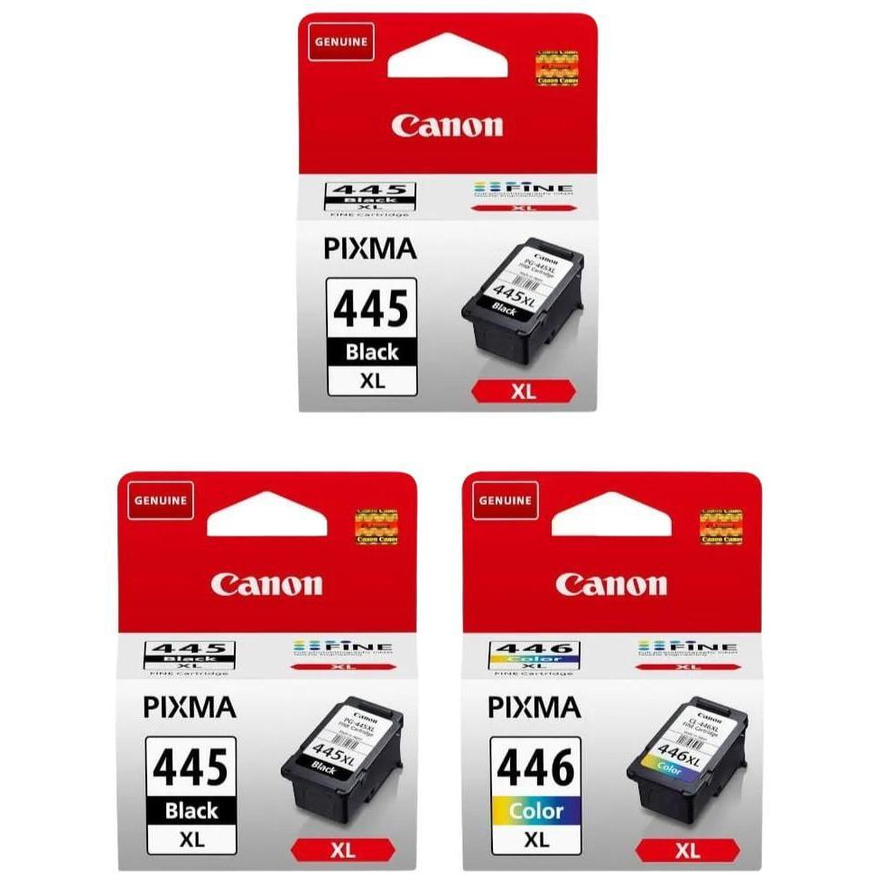 Original Canon 445XL Black (2) cartridges and 446XL color cartridge for high-quality printing.