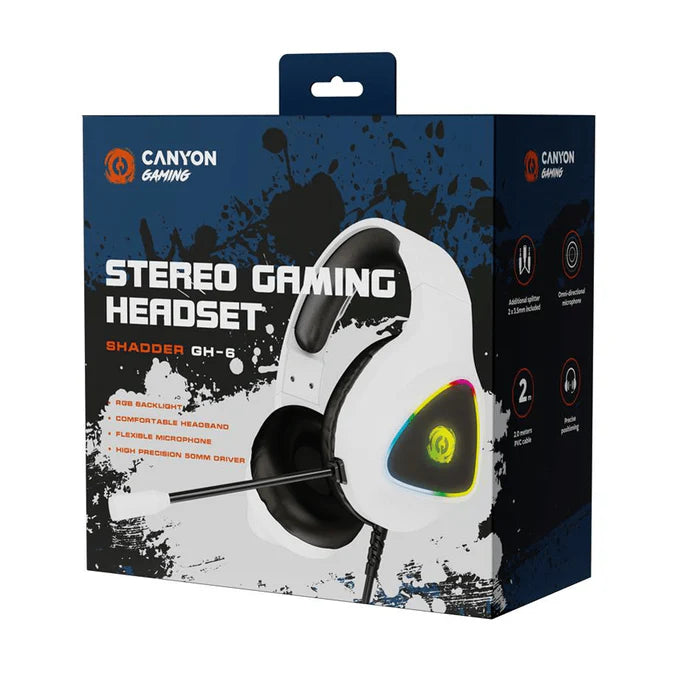 Canyon Shadder GH‑6 Wired Gaming Headset – 50 mm Drivers, RGB Lighting, 2 m Cable (White) on white Canyon Gaming packaging.