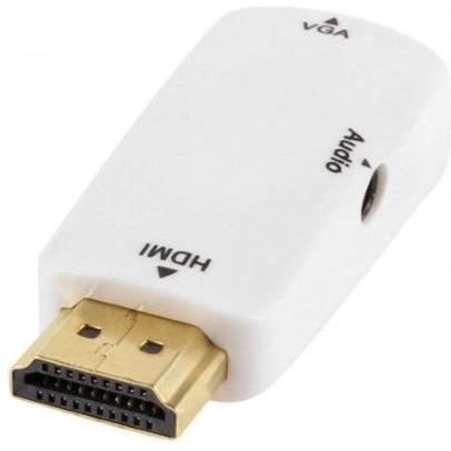 A white HDMI to VGA adapter dongle with a gold HDMI connector and a 3.5mm audio output.