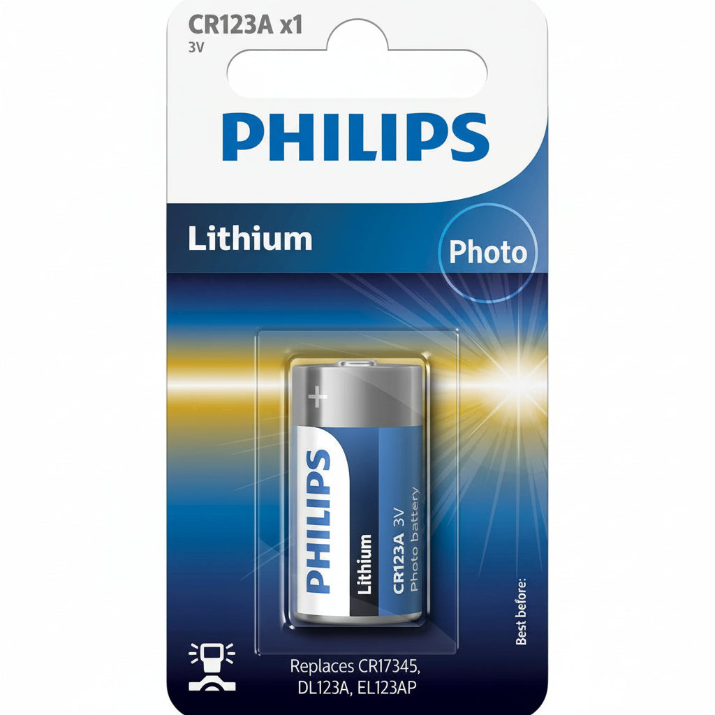 Philips CR123A battery packaging showing CR123A/40 model
