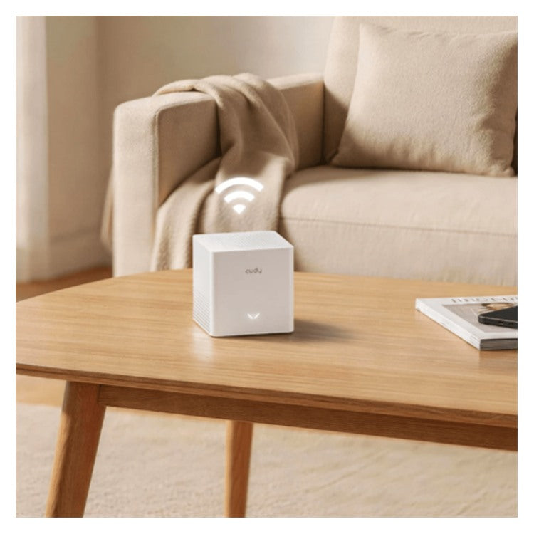 Cudy M1200 mesh Wi-Fi unit in a home setting