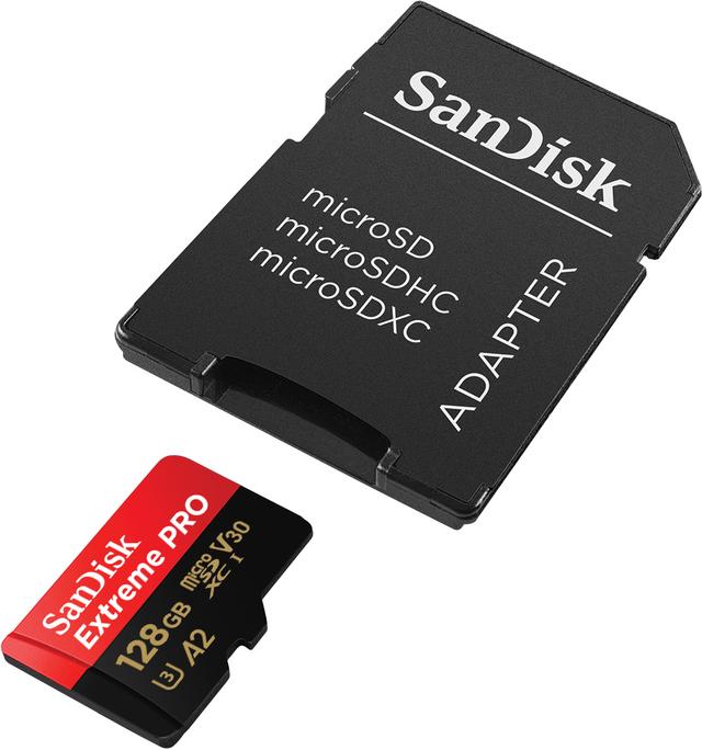 SanDisk Extreme PRO 128GB microSDXC UHS-I Memory Card – U3, V30, 4K UHD, A2, 200MB/s Read Speed with SD adapter