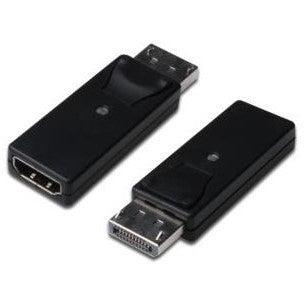A black DisplayPort to HDMI male to female connector adapter.