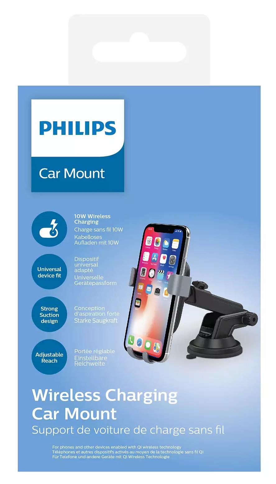 Philips Car Mount with 10W Qi Wireless Charging – Secure Dashboard for hassle-free charging and phone stability in your car.