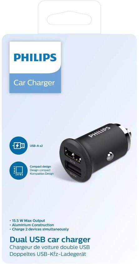 Philips Dual USB Car Charger – Fast charging for two devices simultaneously, perfect for on-the-go smartphone users.