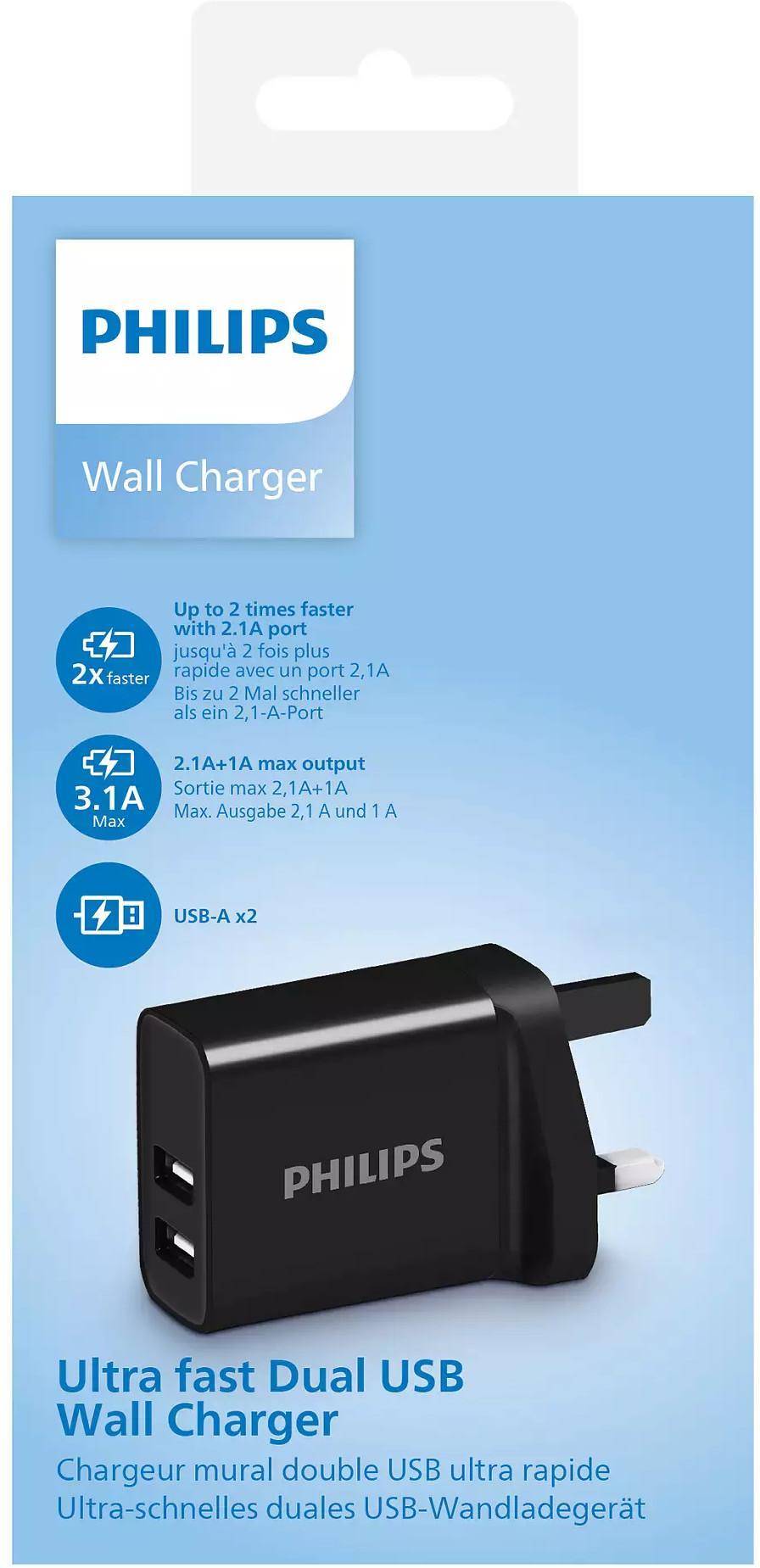 Philips Dual USB Wall Charger DLP2610/05 | 2-Port 17 W USB, SA Plug Converter Included, compact black dual‑port charger