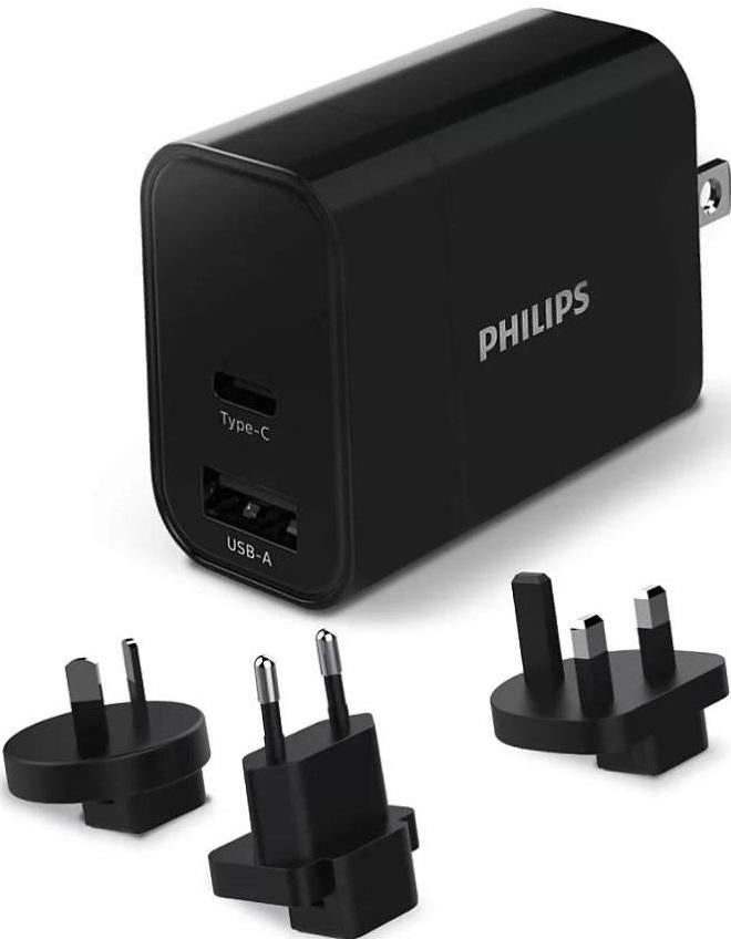 Charge on the go with the Philips USB Travel Charger with Dual USB Ports – Compact, Fast and versatile for universal use.