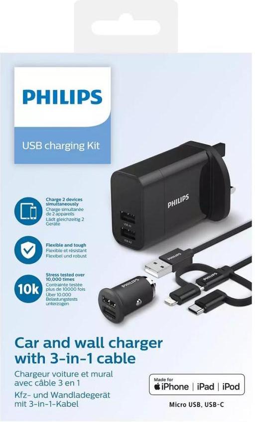 Philips 3-in-1 Universal Charging Cable – USB to Type-C, Micro USB for versatile device charging solutions.