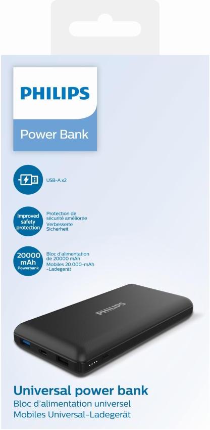 Philips2 20000mAh Portable Power Bank with Dual USB Ports for efficient charging on the go, perfect for devices.