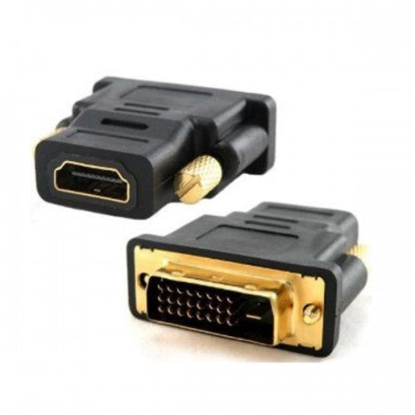 A black DVI-D male to HDMI female connector with gold plating on the connectors.