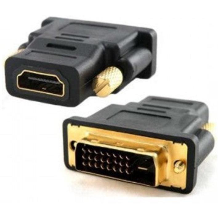 A black DVI-D male to HDMI female connector with gold plating on the connectors.