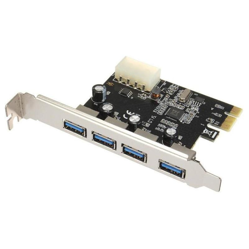 PCIe card with four USB ports on a white background