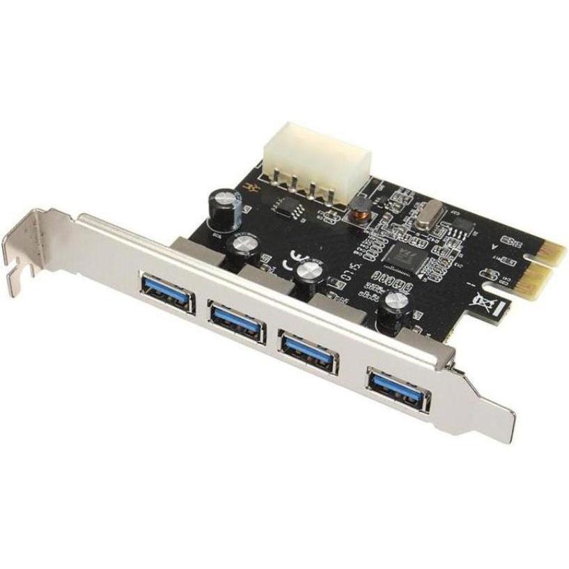 PCIe card with four USB ports on a white background
