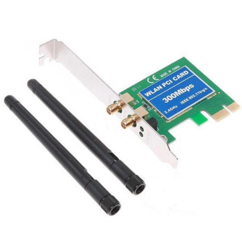 Wireless PCIe Network card with two detachable antenna on a white background