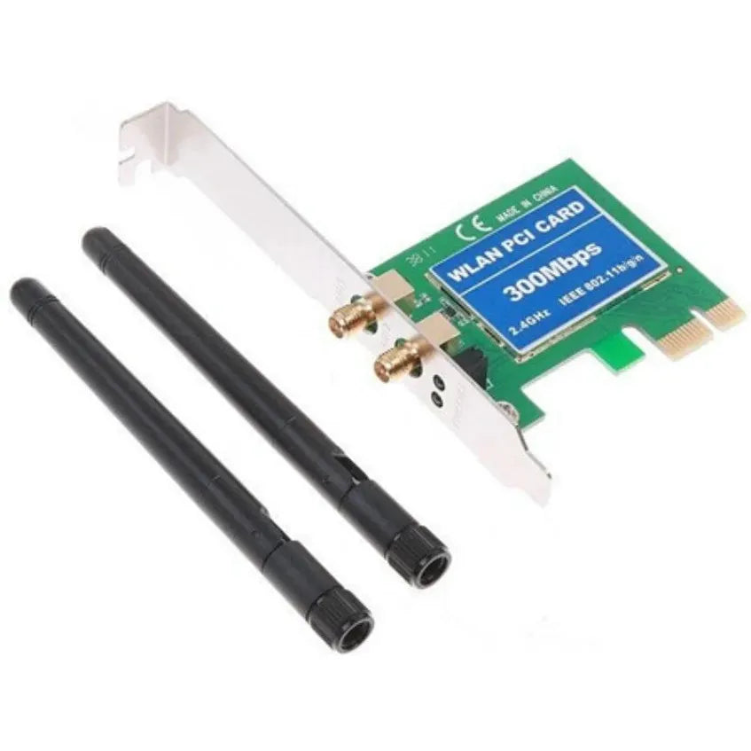 Wireless PCIe Network card with two detachable antenna on a white background