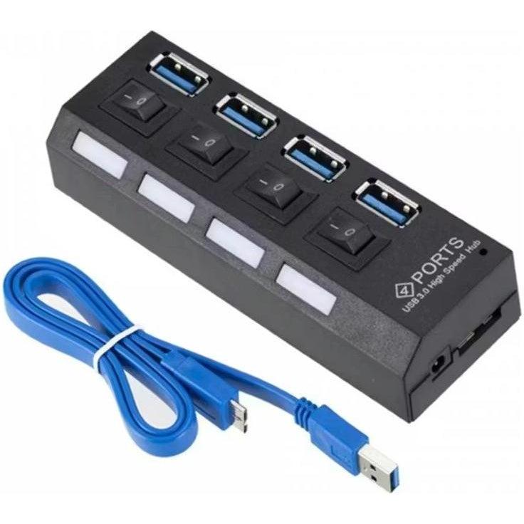 Black 4 port USB hub with on/off switches with blue usb cable