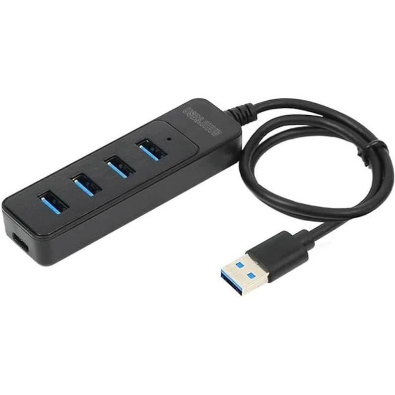 Black USB hub with four ports and a cable on a white background