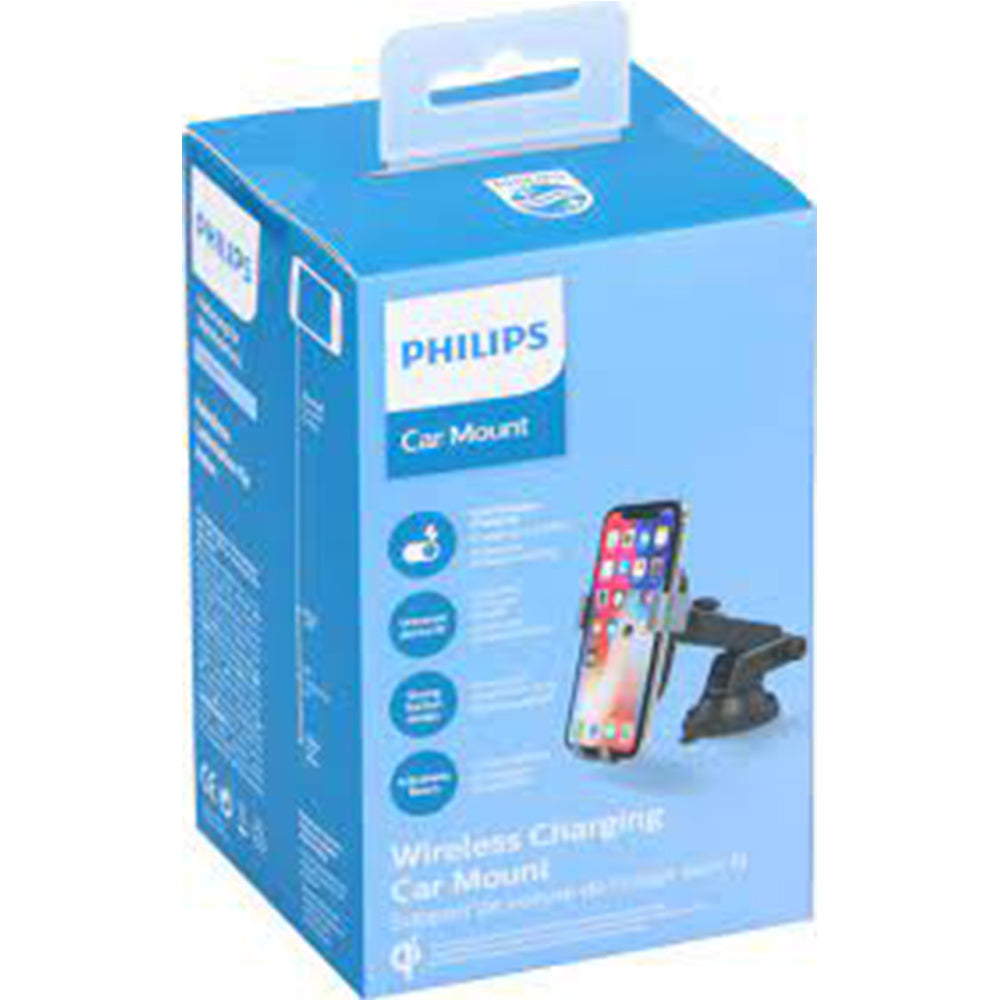 Philips Car Mount with 10W Qi Wireless Charging – Secure Dashboard for hassle-free charging and phone safety while driving.