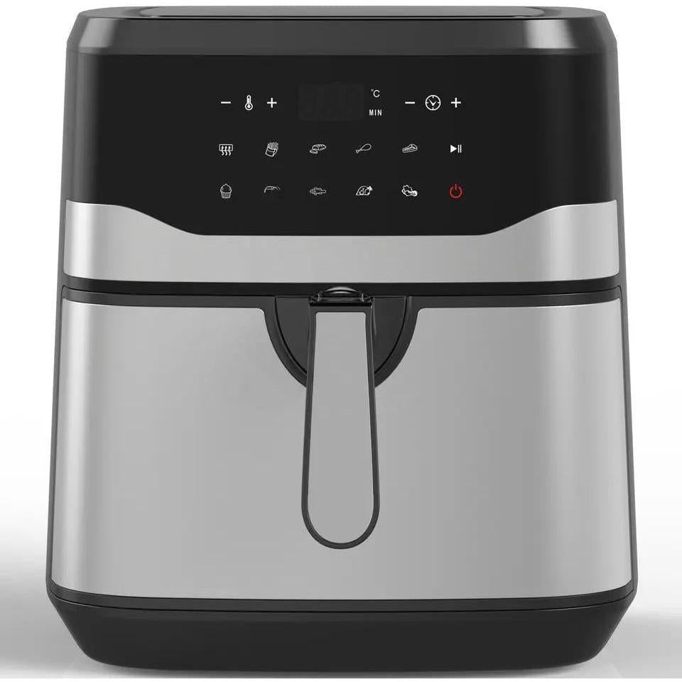 A black and silver air fryer with a digital control panel displayed on the front.
