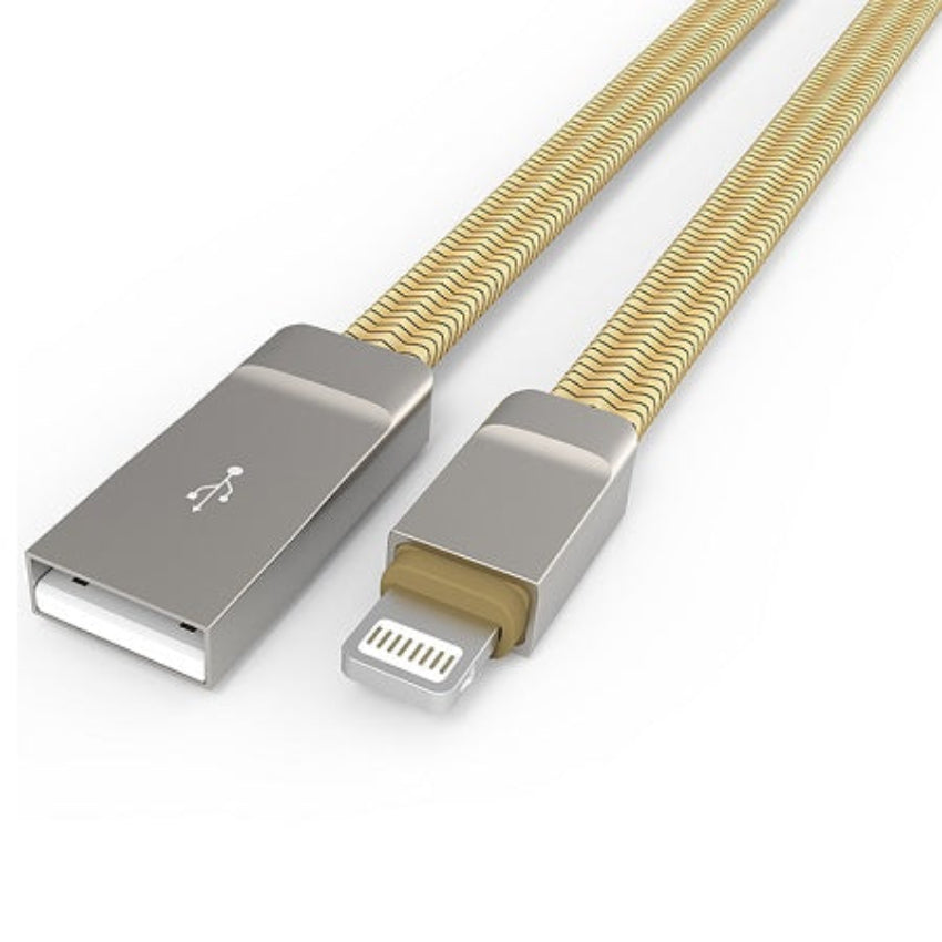 A gold-colored charging cable with a USB connector on one end and a Lightning connector on the other, displayed against a white background.