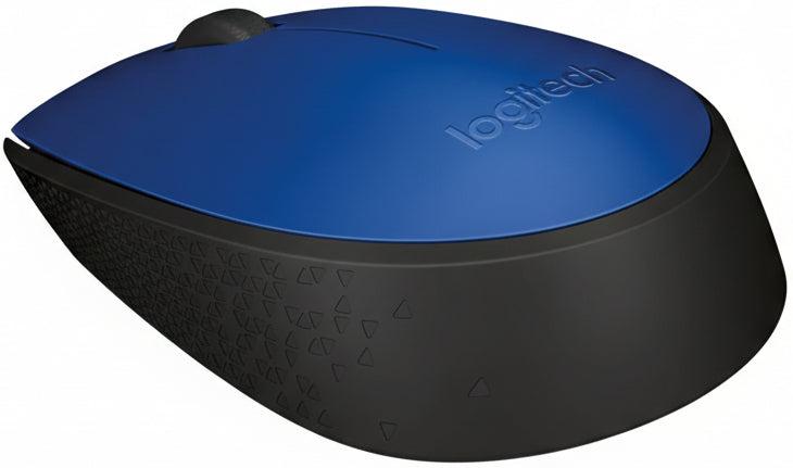 Blue and black Logitech mouse on a white background