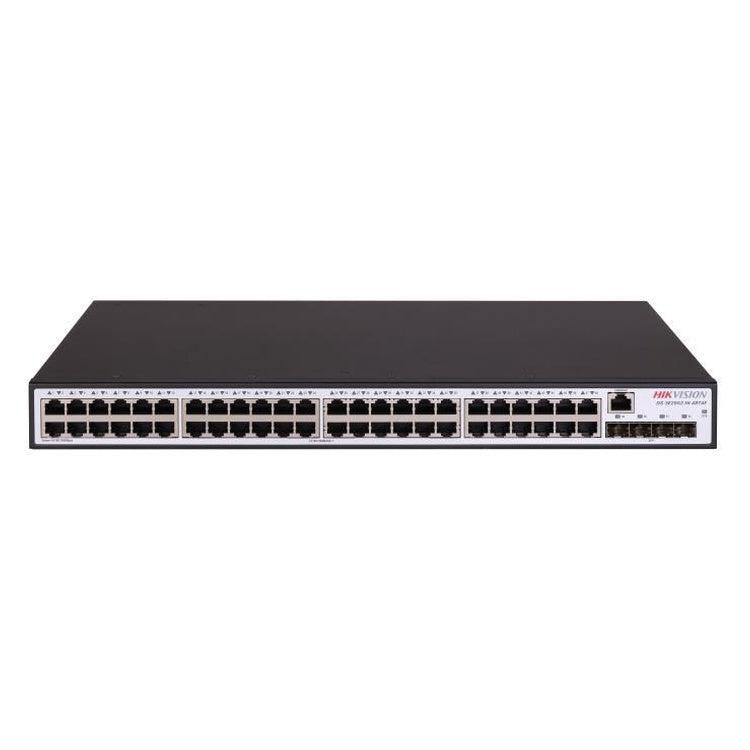 Hikvision DS-3E2552-HI-48T4F 48-port managed switch — front ports and top view