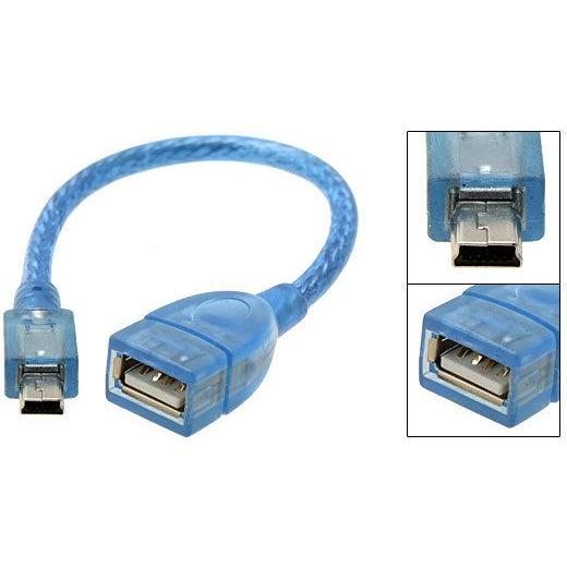 A blue USB female to mini male cable, with a clear plastic sheath on one end and a metal connector on the other.