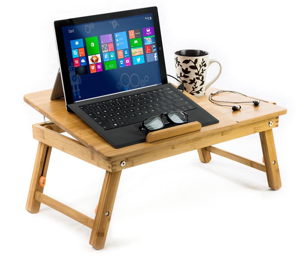 Desk B: 50X30cm Bamboo Workspace - Sustainable with laptop, coffee mug, glasses, and earphones on a foldable bamboo desk