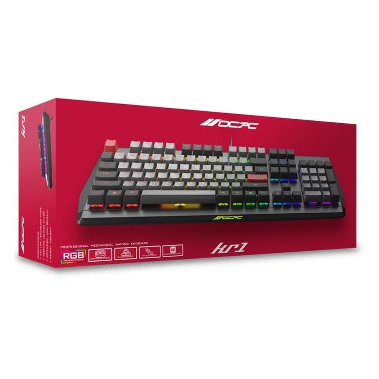 OCPC KR1 Black/Grey RGB Mechanical Gaming Keyboard – Hot-Swappable Gateron Switches, Full-Size 104-Key design showcased.