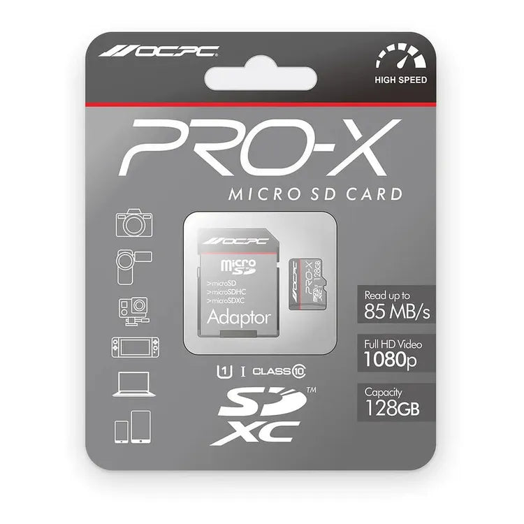 OCPC Pro-X 128GB micro SD card packaging with specifications on a white background