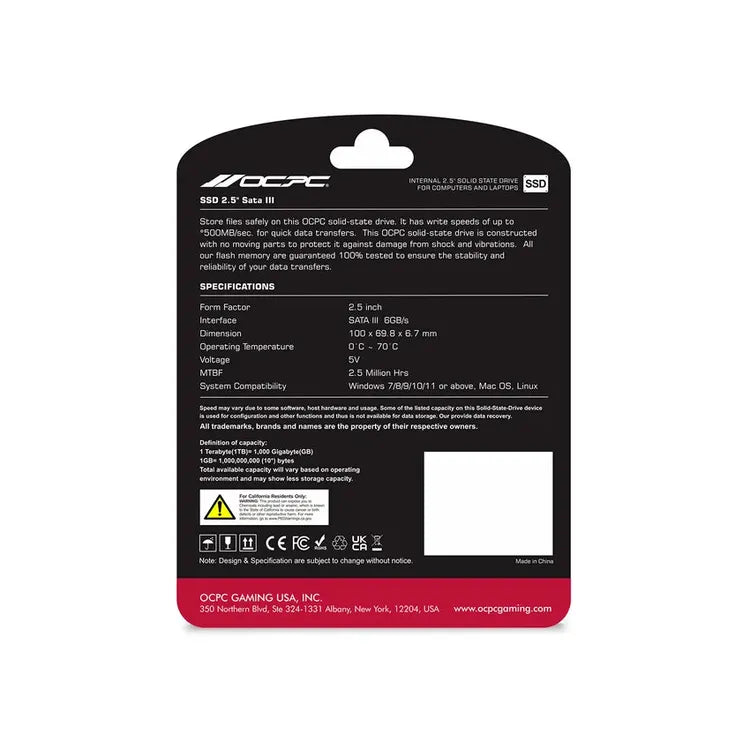 OCPC SSD packaging with specifications on a white background
