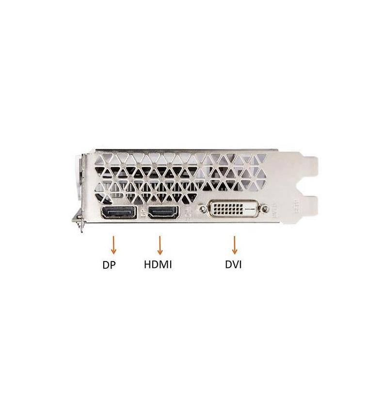 OCPC GTX 1650 4 GB GDDR6 XE White GPU with dual fans and DP/HDMI/DVI outputs for 1080p gaming performance.