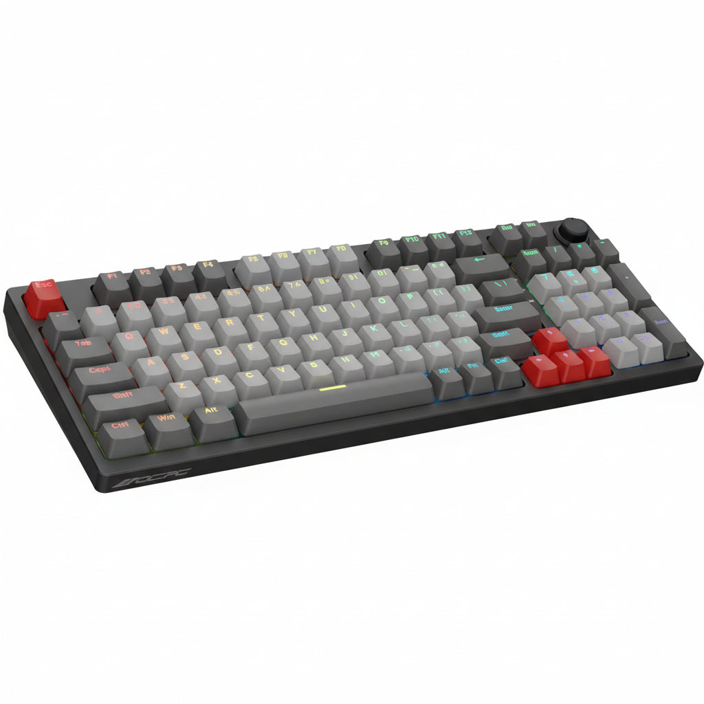 A mechanical gaming keyboard with black and gray keys, red accents, and a compact design.