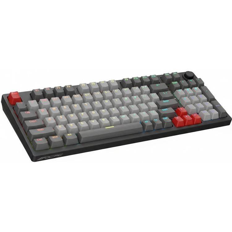 A mechanical gaming keyboard with black and gray keys, red accents, and a compact design.