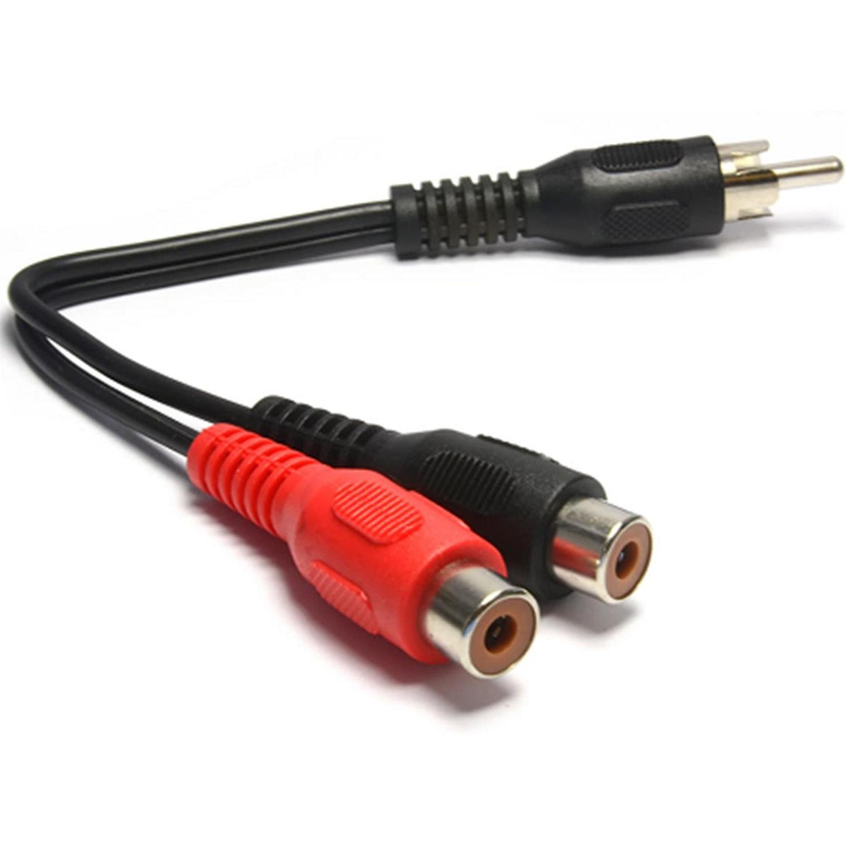 MicroWorld Male RCA to 2x Female RCA Splitter – Dual Audio/Video Connection Adapter for seamless signal duplication.