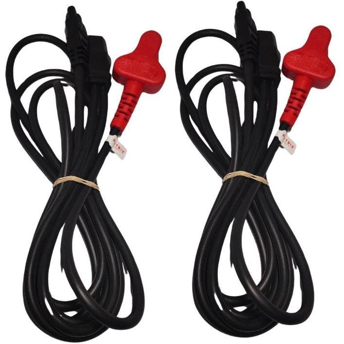 Two sets of black cables with red connectors on a white background