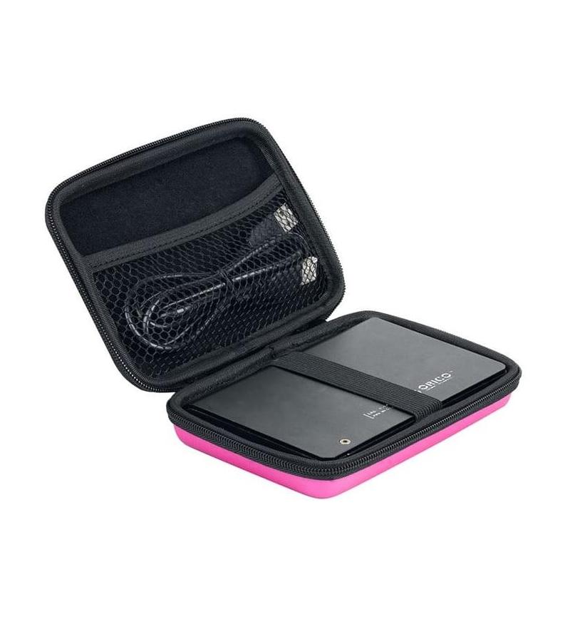 Black and pink carrying case with a portable device and cable inside on a white background