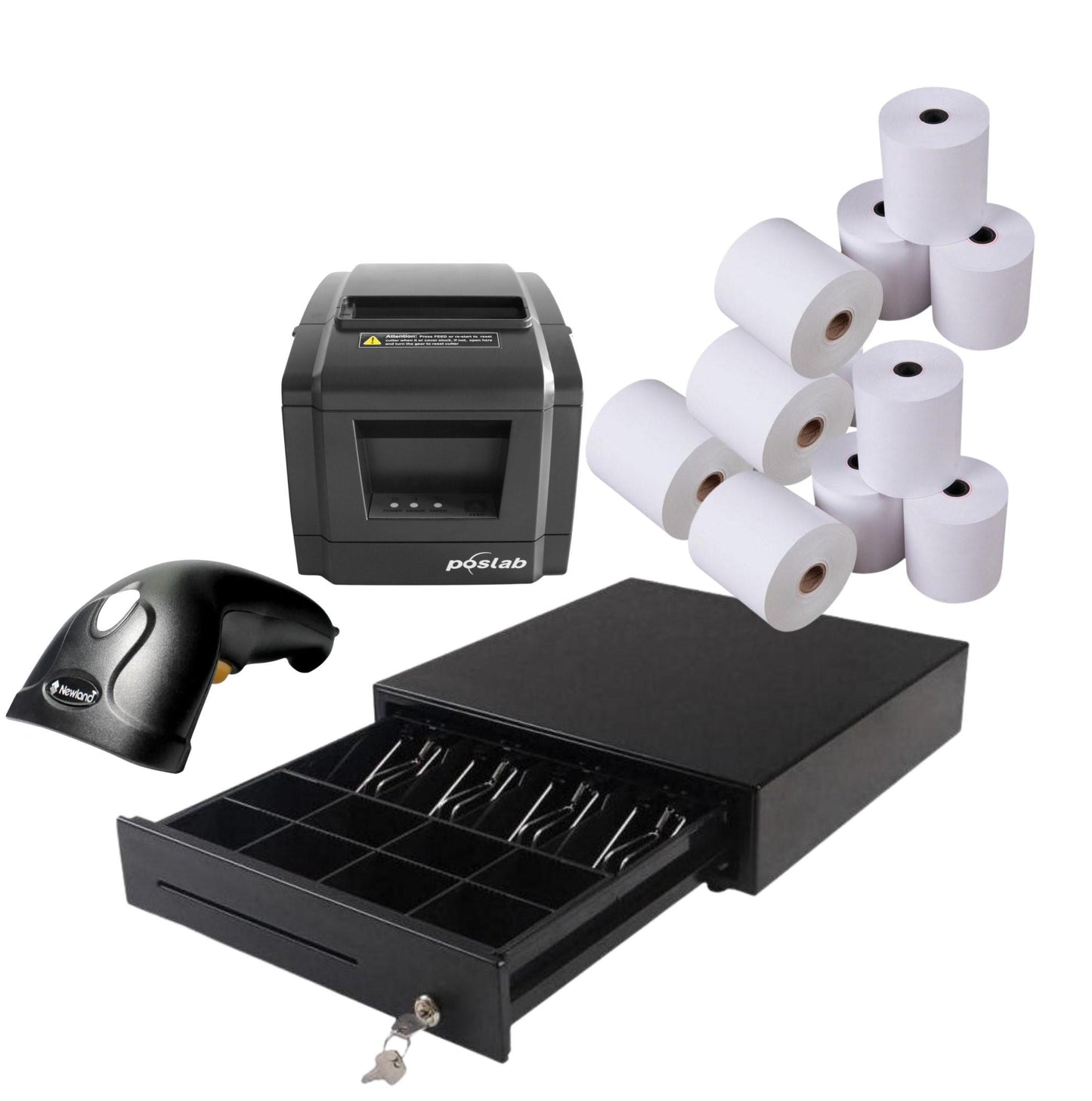 Efficient 4-in-1 POS Kit with Cash Drawer | Scanner | Receipt Printer by Katching, includes cash drawer and till rolls.