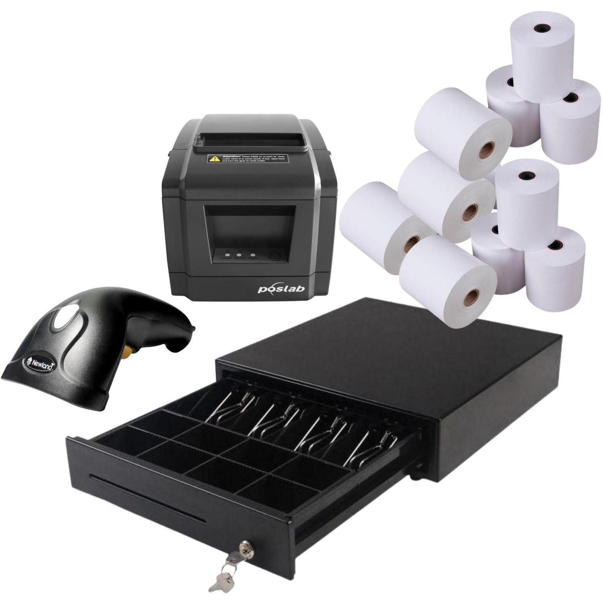 Efficient 4-in-1 POS Kit with Cash Drawer | Scanner | Receipt Printer by Katching, includes cash drawer and till rolls.