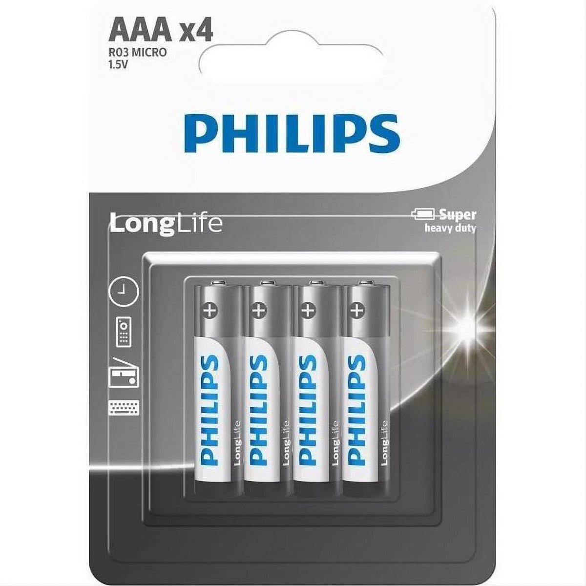 Philips LongLife AAA Batteries - 4 Pack | Long-Lasting Power for Daily Devices, blister pack of 4 AAA cells for remotes