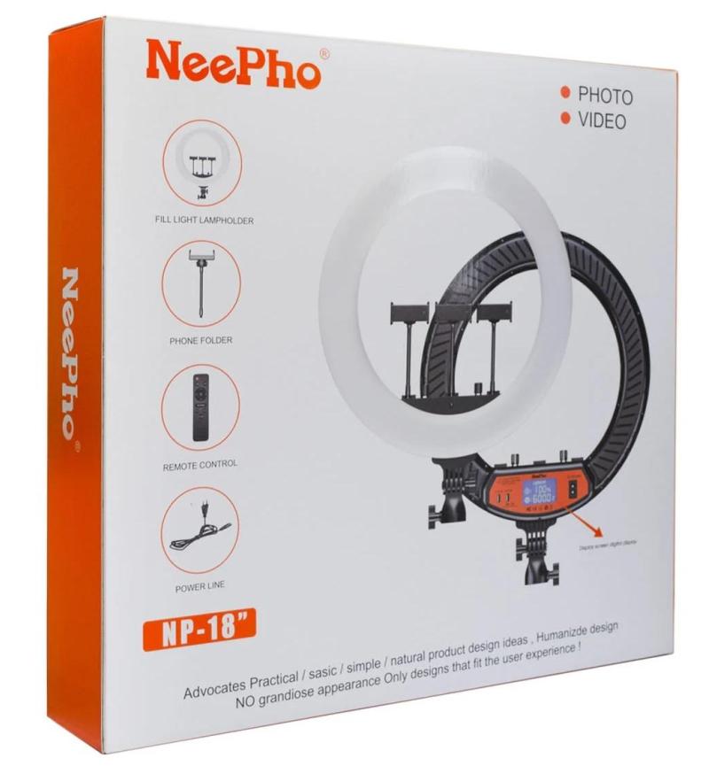 MicroWorld 18" LED Ring Light with 3 Phone Holders – Dimmable Light for Makeup, Video, perfect for content creators.